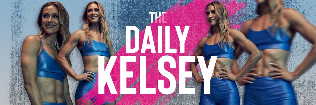 Kelsey Heenan in blue workout gear beside The Daily Kelsey title
